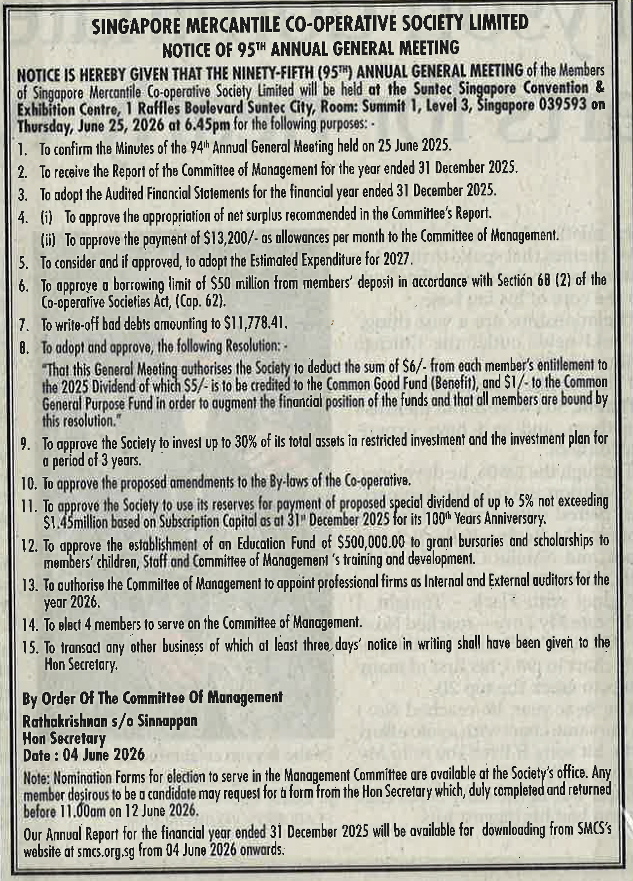 notice of 95th AGM 2026